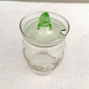 Vintage Uranium Green Vaseline Glass Lid Clear Floral Etched Glass Jam Honey Jar